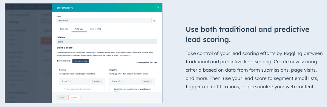 HubSpot Lead Scoring. Text reads 'Take control of your lead scoring efforts by toggling between traditional and predictive lead scoring. Create new scoring criteria based on data from form submissions, page visits, and more. Then, use your lead score to segment email lists, trigger rep notifications, or personalize your web content.'