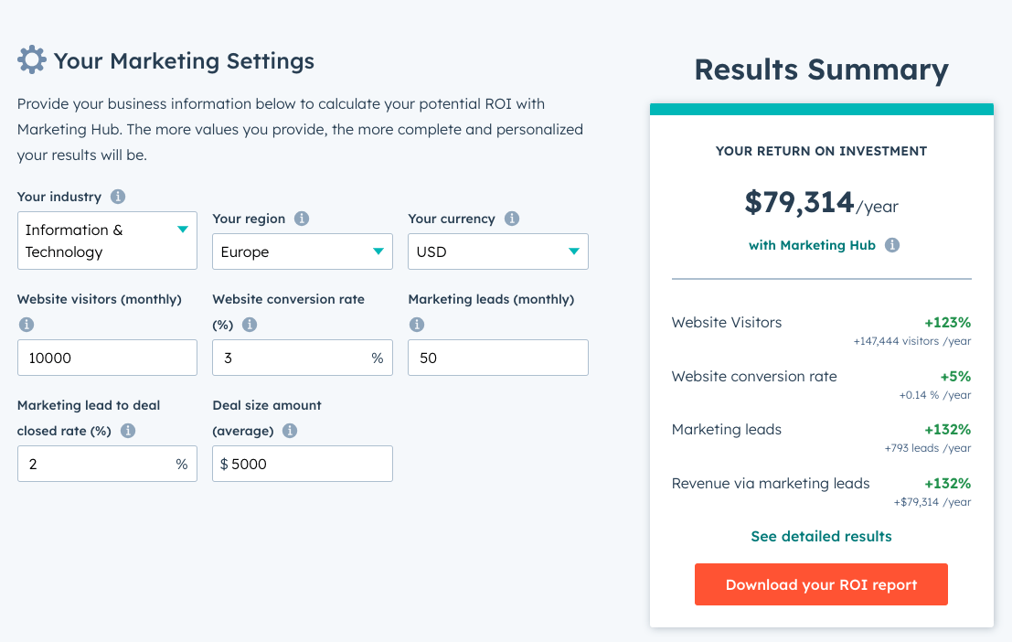 Screenshot of the return on investment calculator