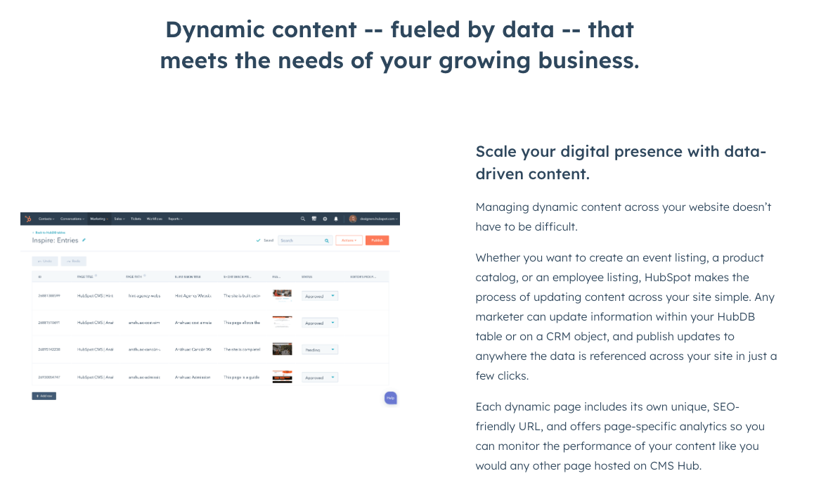 HubDB dynamic content