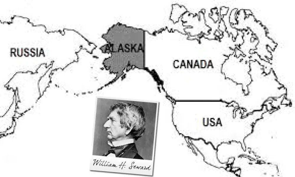 Old map of Alaska in between Canada and Russia and picture of William Seward