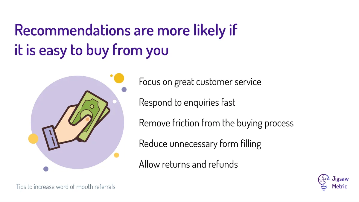 Focus on great customer service Respond to enquiries fast Remove friction from the buying process Reduce unnecessary form filling Allow returns and refunds