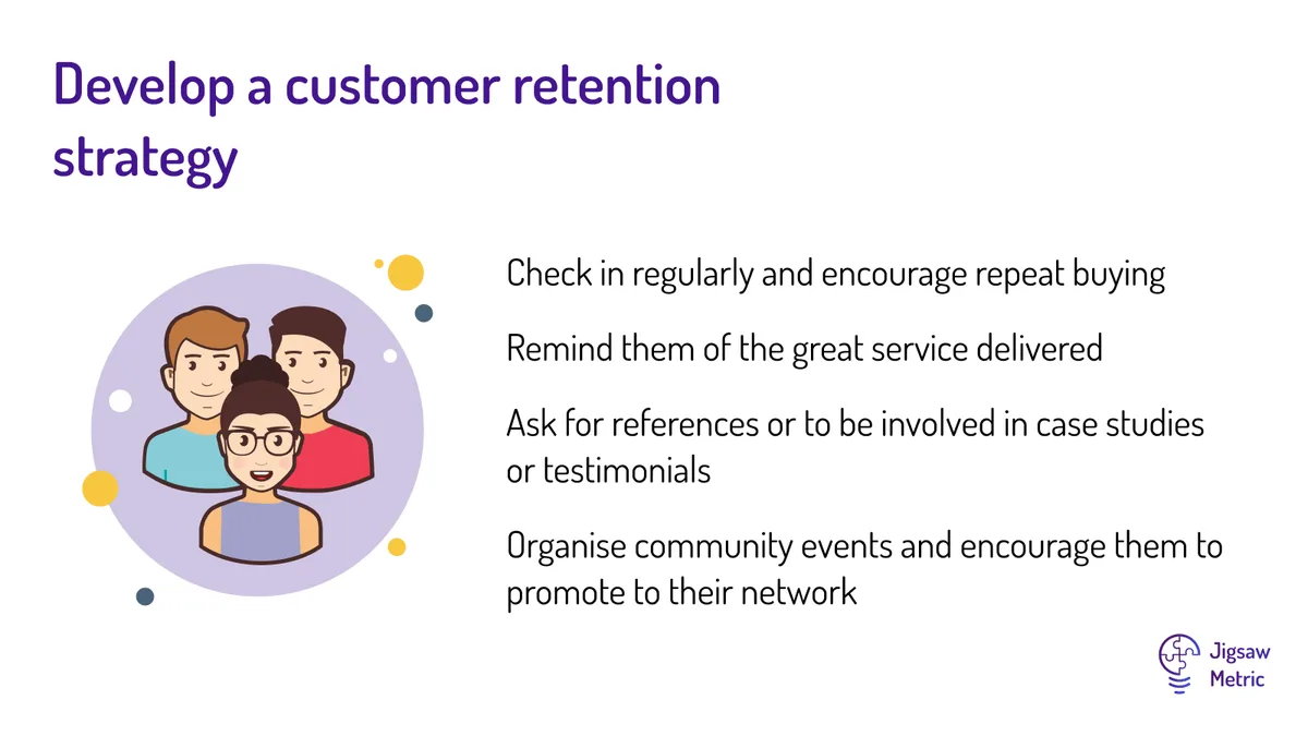 Check in regularly and encourage repeat buying  Remind them of the great service delivered Ask for references or to be involved in case studies or testimonials Organise community events and encourage them to promote to their network