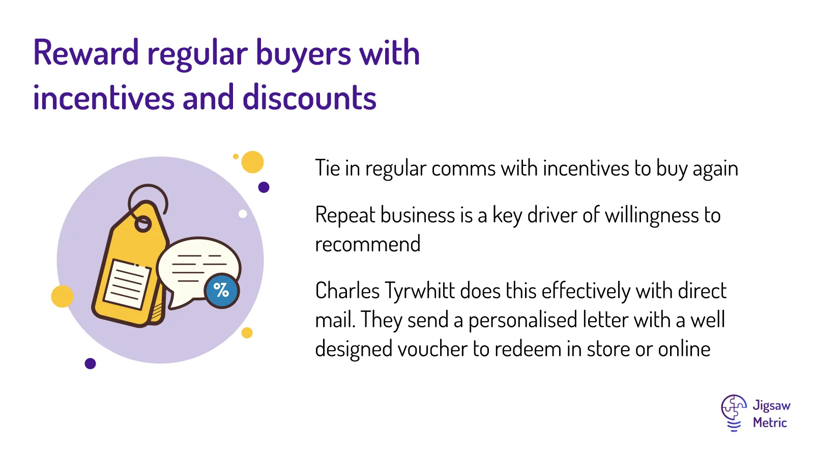 Tie in regular comms with incentives to buy again Repeat business is a key driver of willingness to recommend Charles Tyrwhitt does this effectively with direct mail. They send a personalised letter with a well designed voucher to redeem in store or online